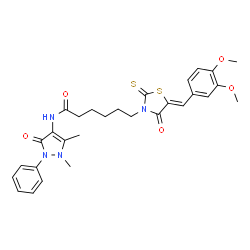 ChemSpider 2D Image | 6-[(5Z)-5-(3,4-Dimethoxybenzylidene)-4-oxo-2-thioxo-1,3-thiazolidin-3-yl]-N-(1,5-dimethyl-3-oxo-2-phenyl-2,3-dihydro-1H-pyrazol-4-yl)hexanamide | C29H32N4O5S2