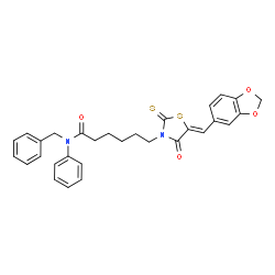 ChemSpider 2D Image | 6-[(5Z)-5-(1,3-Benzodioxol-5-ylmethylene)-4-oxo-2-thioxo-1,3-thiazolidin-3-yl]-N-benzyl-N-phenylhexanamide | C30H28N2O4S2