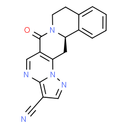 ChemSpider 2D Image | (13bR)-6-Oxo-8,9,13b,14-tetrahydro-6H-pyrazolo[5'',1'':2',3']pyrimido[4',5':4,5]pyrido[2,1-a]isoquinoline-3-carbonitrile | C18H13N5O