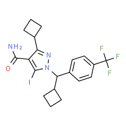 ChemSpider 2D Image | 3-Cyclobutyl-1-{cyclobutyl[4-(trifluoromethyl)phenyl]methyl}-5-iodo-1H-pyrazole-4-carboxamide | C20H21F3IN3O