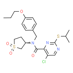 ChemSpider 2D Image | 5-Chloro-N-(1,1-dioxidotetrahydro-3-thiophenyl)-2-(isopropylsulfanyl)-N-(4-propoxybenzyl)-4-pyrimidinecarboxamide | C22H28ClN3O4S2