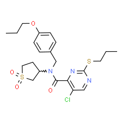ChemSpider 2D Image | 5-Chloro-N-(1,1-dioxidotetrahydro-3-thiophenyl)-N-(4-propoxybenzyl)-2-(propylsulfanyl)-4-pyrimidinecarboxamide | C22H28ClN3O4S2