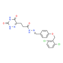 ChemSpider 2D Image | N'-[(E)-{4-[(2,6-Dichlorobenzyl)oxy]phenyl}methylene]-3-(3,5-dioxo-2,3,4,5-tetrahydro-1,2,4-triazin-6-yl)propanehydrazide | C20H17Cl2N5O4