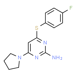 ChemSpider 2D Image | 4-[(4-Fluorophenyl)sulfanyl]-6-(1-pyrrolidinyl)-2-pyrimidinamine | C14H15FN4S