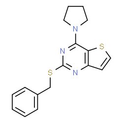 ChemSpider 2D Image | 2-(Benzylsulfanyl)-4-(1-pyrrolidinyl)thieno[3,2-d]pyrimidine | C17H17N3S2
