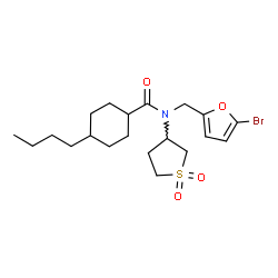 ChemSpider 2D Image | N-[(5-Bromo-2-furyl)methyl]-4-butyl-N-(1,1-dioxidotetrahydro-3-thiophenyl)cyclohexanecarboxamide | C20H30BrNO4S