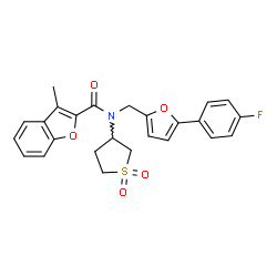 ChemSpider 2D Image | N-(1,1-Dioxidotetrahydro-3-thiophenyl)-N-{[5-(4-fluorophenyl)-2-furyl]methyl}-3-methyl-1-benzofuran-2-carboxamide | C25H22FNO5S