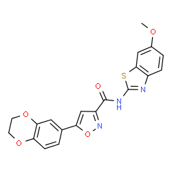 ChemSpider 2D Image | 5-(2,3-Dihydro-1,4-benzodioxin-6-yl)-N-(6-methoxy-1,3-benzothiazol-2-yl)-1,2-oxazole-3-carboxamide | C20H15N3O5S