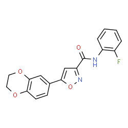 ChemSpider 2D Image | 5-(2,3-Dihydro-1,4-benzodioxin-6-yl)-N-(2-fluorophenyl)-1,2-oxazole-3-carboxamide | C18H13FN2O4