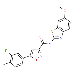 ChemSpider 2D Image | 5-(3-Fluoro-4-methylphenyl)-N-(6-methoxy-1,3-benzothiazol-2-yl)-1,2-oxazole-3-carboxamide | C19H14FN3O3S