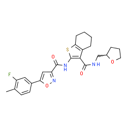 ChemSpider 2D Image | 5-(3-Fluoro-4-methylphenyl)-N-{3-[(tetrahydro-2-furanylmethyl)carbamoyl]-4,5,6,7-tetrahydro-1-benzothiophen-2-yl}-1,2-oxazole-3-carboxamide | C25H26FN3O4S