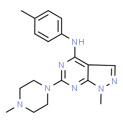 ChemSpider 2D Image | 1-methyl-N-(4-methylphenyl)-6-(4-methylpiperazin-1-yl)-1H-pyrazolo[3,4-d]pyrimidin-4-amine | C18H23N7