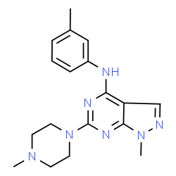 ChemSpider 2D Image | 1-methyl-N-(3-methylphenyl)-6-(4-methylpiperazin-1-yl)pyrazolo[3,4-d]pyrimidin-4-amine | C18H23N7