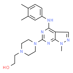 ChemSpider 2D Image | 1-piperazineethanol, 4-[4-[(3,4-dimethylphenyl)amino]-1-methyl-1H-pyrazolo[3,4-d]pyrimidin-6-yl]- | C20H27N7O