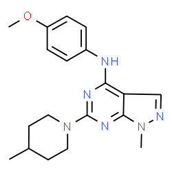 ChemSpider 2D Image | N-(4-methoxyphenyl)-1-methyl-6-(4-methylpiperidin-1-yl)-1H-pyrazolo[3,4-d]pyrimidin-4-amine | C19H24N6O