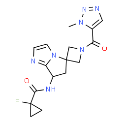ChemSpider 2D Image | 1-Fluoro-N-{1-[(1-methyl-1H-1,2,3-triazol-5-yl)carbonyl]-6',7'-dihydrospiro[azetidine-3,5'-pyrrolo[1,2-a]imidazol]-7'-yl}cyclopropanecarboxamide | C16H18FN7O2