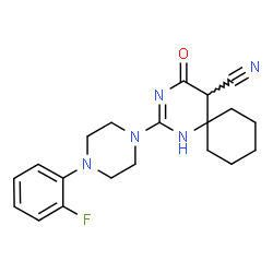 ChemSpider 2D Image | 2-[4-(2-Fluorophenyl)-1-piperazinyl]-4-oxo-1,3-diazaspiro[5.5]undec-1-ene-5-carbonitrile | C20H24FN5O