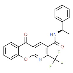 ChemSpider 2D Image | 5-Oxo-N-[(1R)-1-phenylethyl]-2-(trifluoromethyl)-5H-chromeno[2,3-b]pyridine-3-carboxamide | C22H15F3N2O3