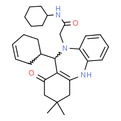 ChemSpider 2D Image | 2-[11-(3-Cyclohexen-1-yl)-3,3-dimethyl-1-oxo-1,2,3,4,5,11-hexahydro-10H-dibenzo[b,e][1,4]diazepin-10-yl]-N-cyclohexylacetamide | C29H39N3O2