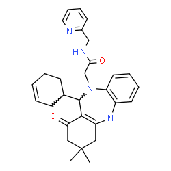 ChemSpider 2D Image | 2-[11-(3-Cyclohexen-1-yl)-3,3-dimethyl-1-oxo-1,2,3,4,5,11-hexahydro-10H-dibenzo[b,e][1,4]diazepin-10-yl]-N-(2-pyridinylmethyl)acetamide | C29H34N4O2