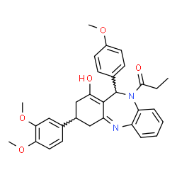 ChemSpider 2D Image | 1-[3-(3,4-Dimethoxyphenyl)-1-hydroxy-11-(4-methoxyphenyl)-2,3,4,11-tetrahydro-10H-dibenzo[b,e][1,4]diazepin-10-yl]-1-propanone | C31H32N2O5