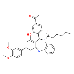 ChemSpider 2D Image | 1-[11-(4-Acetylphenyl)-3-(3,4-dimethoxyphenyl)-1-hydroxy-2,3,4,11-tetrahydro-10H-dibenzo[b,e][1,4]diazepin-10-yl]-1-hexanone | C35H38N2O5