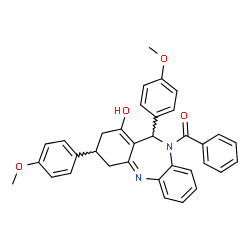 ChemSpider 2D Image | [1-Hydroxy-3,11-bis(4-methoxyphenyl)-2,3,4,11-tetrahydro-10H-dibenzo[b,e][1,4]diazepin-10-yl](phenyl)methanone | C34H30N2O4