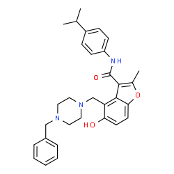 ChemSpider 2D Image | 4-[(4-Benzyl-1-piperazinyl)methyl]-5-hydroxy-N-(4-isopropylphenyl)-2-methyl-1-benzofuran-3-carboxamide | C31H35N3O3