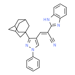 ChemSpider 2D Image | (2E)-3-[3-(Adamantan-1-yl)-1-phenyl-1H-pyrazol-4-yl]-2-(1H-benzimidazol-2-yl)acrylonitrile | C29H27N5