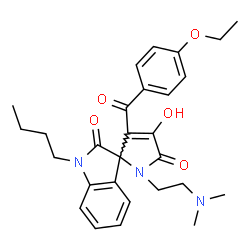 ChemSpider 2D Image | 1-Butyl-1'-[2-(dimethylamino)ethyl]-3'-(4-ethoxybenzoyl)-4'-hydroxyspiro[indole-3,2'-pyrrole]-2,5'(1H,1'H)-dione | C28H33N3O5