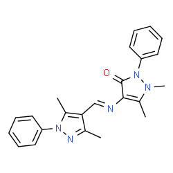 ChemSpider 2D Image | 4-{(E)-[(3,5-Dimethyl-1-phenyl-1H-pyrazol-4-yl)methylene]amino}-1,5-dimethyl-2-phenyl-1,2-dihydro-3H-pyrazol-3-one | C23H23N5O