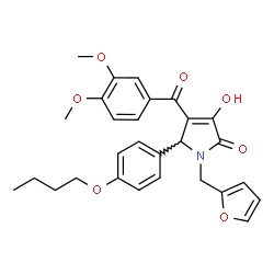 ChemSpider 2D Image | 5-(4-Butoxyphenyl)-4-(3,4-dimethoxybenzoyl)-1-(2-furylmethyl)-3-hydroxy-1,5-dihydro-2H-pyrrol-2-one | C28H29NO7