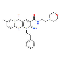 ChemSpider 2D Image | 2-Imino-8-methyl-N-[2-(4-morpholinyl)ethyl]-5-oxo-1-(2-phenylethyl)-1,5-dihydro-2H-dipyrido[1,2-a:2',3'-d]pyrimidine-3-carboxamide | C27H30N6O3