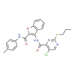 ChemSpider 2D Image | 5-Chloro-N-{2-[(4-methylphenyl)carbamoyl]-1-benzofuran-3-yl}-2-(propylsulfanyl)-4-pyrimidinecarboxamide | C24H21ClN4O3S
