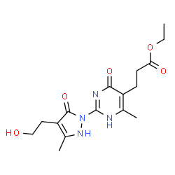 ChemSpider 2D Image | Ethyl 3-{2-[4-(2-hydroxyethyl)-3-methyl-5-oxo-2,5-dihydro-1H-pyrazol-1-yl]-6-methyl-4-oxo-1,4-dihydro-5-pyrimidinyl}propanoate | C16H22N4O5