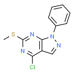 ChemSpider 2D Image | 4-Chloro-6-(methylsulfanyl)-1-phenyl-1H-pyrazolo[3,4-d]pyrimidine | C12H9ClN4S