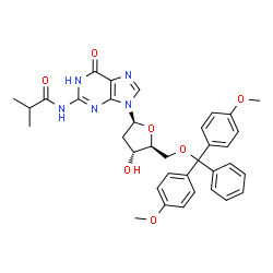 ChemSpider 2D Image | 9-{5-O-[Bis(4-methoxyphenyl)(phenyl)methyl]-2-deoxy-beta-L-erythro-pentofuranosyl}-2-(isobutyrylamino)-1,9-dihydro-6H-purin-6-one | C35H37N5O7