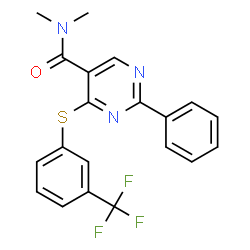 ChemSpider 2D Image | N,N-Dimethyl-2-phenyl-4-{[3-(trifluoromethyl)phenyl]sulfanyl}-5-pyrimidinecarboxamide | C20H16F3N3OS