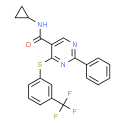 ChemSpider 2D Image | N-Cyclopropyl-2-phenyl-4-{[3-(trifluoromethyl)phenyl]sulfanyl}-5-pyrimidinecarboxamide | C21H16F3N3OS