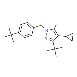 ChemSpider 2D Image | 4-Cyclopropyl-5-iodo-3-(2-methyl-2-propanyl)-1-[4-(2-methyl-2-propanyl)benzyl]-1H-pyrazole | C21H29IN2