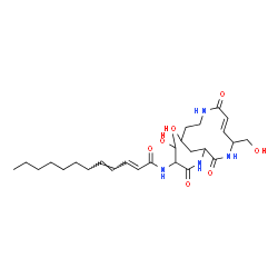 ChemSpider 2D Image | (2E,4E)-N-(3-Hydroxy-1-{[(3E)-10-hydroxy-5-(hydroxymethyl)-2,7-dioxo-1,6-diazacyclododec-3-en-8-yl]amino}-1-oxo-2-butanyl)-2,4-dodecadienamide | C27H44N4O7