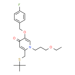 ChemSpider 2D Image | 1-(3-Ethoxypropyl)-5-[(4-fluorobenzyl)oxy]-2-{[(2-methyl-2-propanyl)sulfanyl]methyl}-4(1H)-pyridinone | C22H30FNO3S