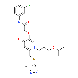 ChemSpider 2D Image | N-(3-Chlorophenyl)-2-{[1-(3-isopropoxypropyl)-6-{[(1-methyl-1H-tetrazol-5-yl)sulfanyl]methyl}-4-oxo-1,4-dihydro-3-pyridinyl]oxy}acetamide | C22H27ClN6O4S
