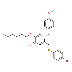 ChemSpider 2D Image | 2-{[(4-Bromophenyl)sulfanyl]methyl}-5-(hexyloxy)-1-(4-methoxybenzyl)-4(1H)-pyridinone | C26H30BrNO3S