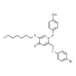 ChemSpider 2D Image | 2-{[(4-Bromophenyl)sulfanyl]methyl}-5-(heptyloxy)-1-(4-hydroxybenzyl)-4(1H)-pyridinone | C26H30BrNO3S