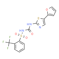 ChemSpider 2D Image | N-{[5-(2-Furyl)-1,3-thiazol-2-yl]carbamoyl}-2-(trifluoromethyl)benzenesulfonamide | C15H10F3N3O4S2
