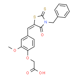 ChemSpider 2D Image | {4-[(E)-(3-Benzyl-4-oxo-2-thioxo-1,3-thiazolidin-5-ylidene)methyl]-2-methoxyphenoxy}acetic acid | C20H17NO5S2
