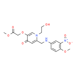 ChemSpider 2D Image | Methyl {[1-(2-hydroxyethyl)-6-{[(4-methoxy-3-nitrophenyl)amino]methyl}-4-oxo-1,4-dihydro-3-pyridinyl]oxy}acetate | C18H21N3O8