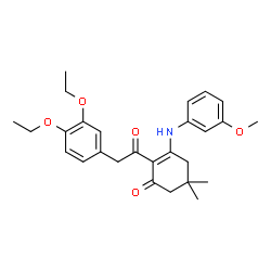 ChemSpider 2D Image | 2-[(3,4-Diethoxyphenyl)acetyl]-3-[(3-methoxyphenyl)amino]-5,5-dimethyl-2-cyclohexen-1-one | C27H33NO5