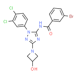 ChemSpider 2D Image | 3-Bromo-N-[1-(3,4-dichlorophenyl)-3-(3-hydroxy-1-azetidinyl)-1H-1,2,4-triazol-5-yl]benzamide | C18H14BrCl2N5O2